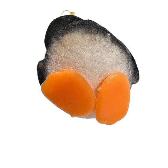 Vtg Flocked Fuzzy Penguin Ornament Scarf 3.5 in Orange Plastic Feet Beak - Picture 6 of 7